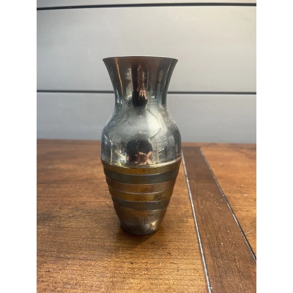 Vintage Striped Solid Brass Mid Century Vase Jar Modern -5.5